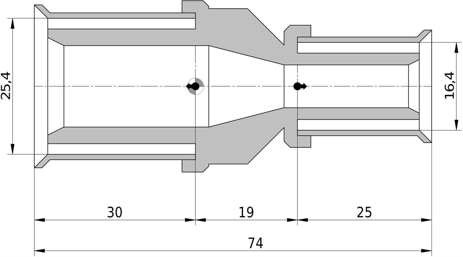 Technischer Querschnitt eines gestuften zylindrischen Steckers mit den Abmessungen 74 Länge, 25,4 Breite auf der linken Seite, 16,4 auf der rechten Seite, mit Abschnitten gekennzeichnet 30, 19 und 25.