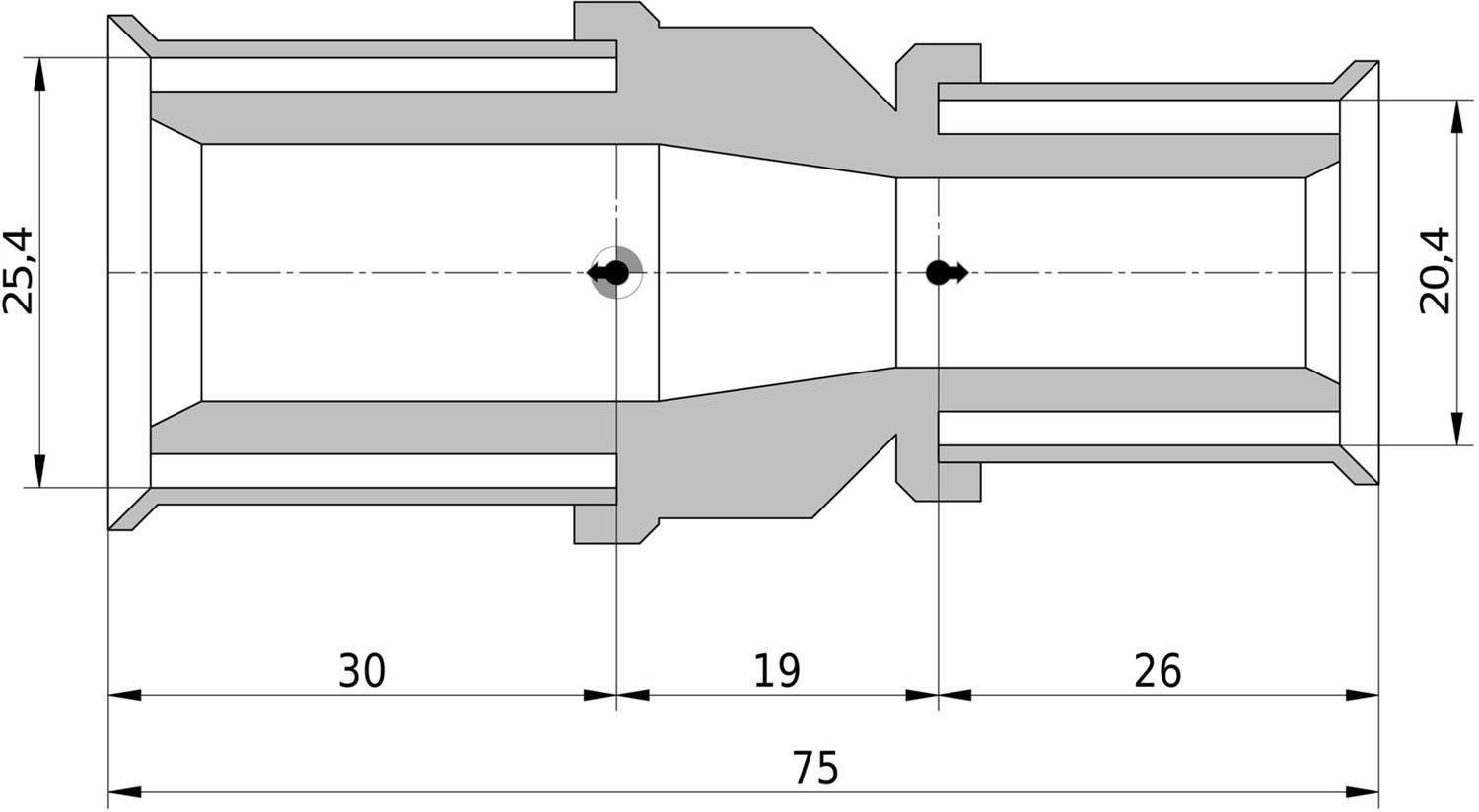 Technische Querschnittszeichnung eines gestuften Zylinderbauteils mit einer Gesamtlänge von 75 und Durchmessern von 25,4 und 20,4, mit zwei inneren Bohrungen/Bohrungspositionen und Segmentlängen von 30, 19 und 26.