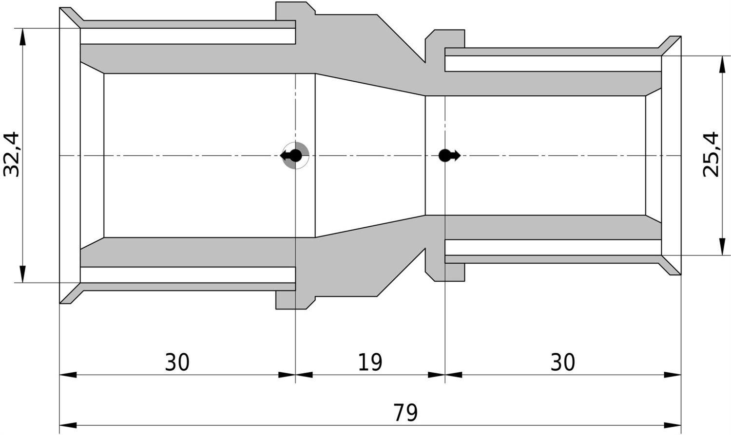 Technische Maßzeichnung eines abgestuften zylindrischen Teils oder Adapters mit Seitenquerschnitt und Maßen: 79 Gesamtlänge, 30-19-30 Abschnitte und Durchmesser 32,4 und 25,4.