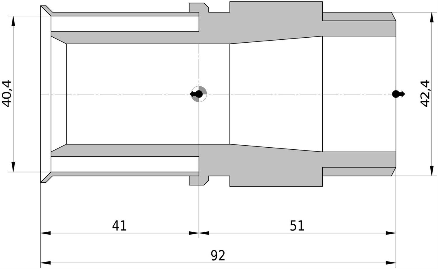 Technische Querschnittszeichnung eines abgestuften zylindrischen Teils mit zentraler Bohrung und Gesamtabmessungen von 92 mm Länge, 40,4 mm und 42,4 mm Höhe, mit Segmentlängen von 41 mm und 51 mm.