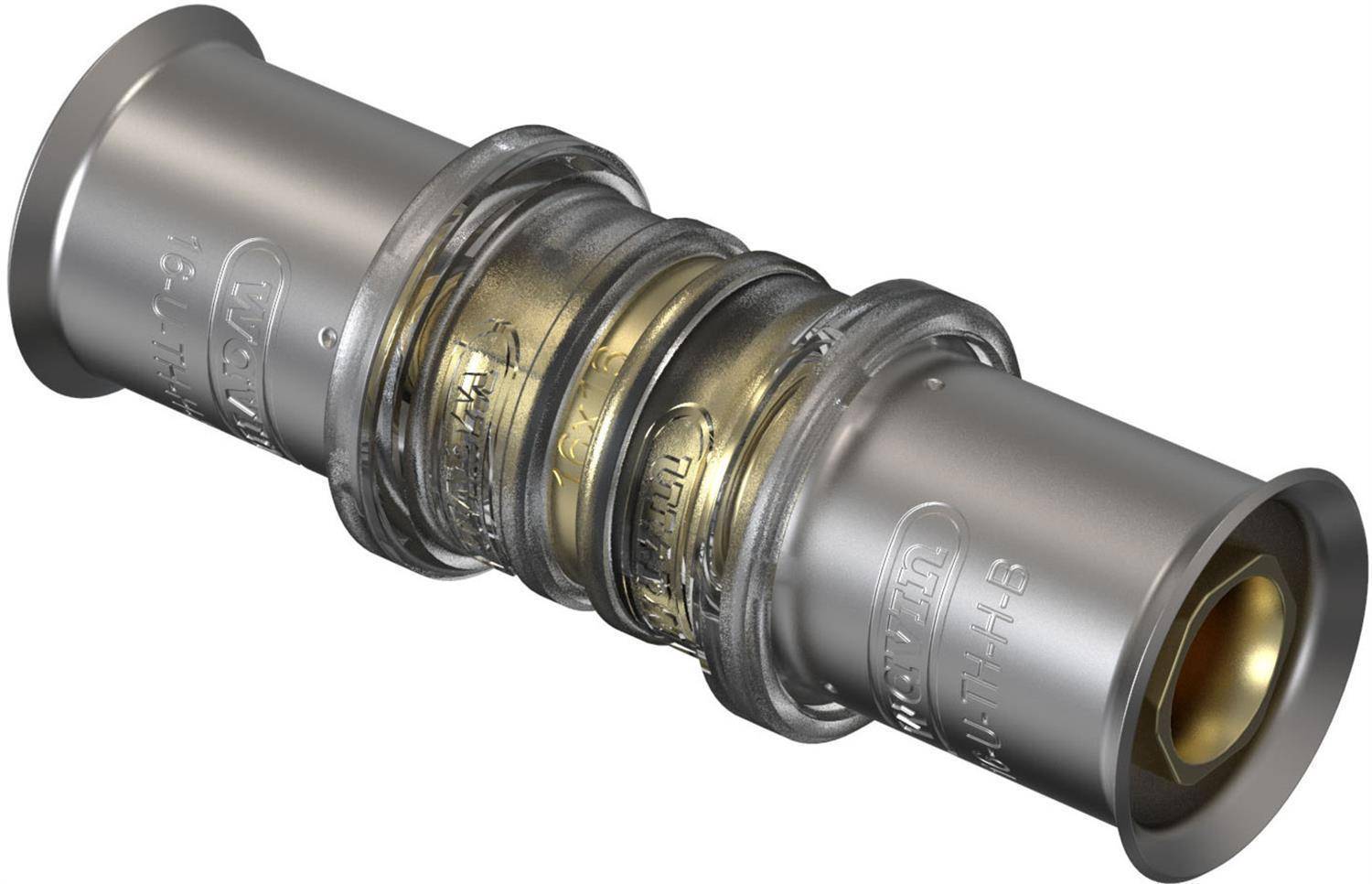 # Metallrohr-Verbindungskupplung mit transparentem Mittelteil, das innere Dichtungsringe und goldfarben beschichtete Einsätze auf weißem Hintergrund zeigt