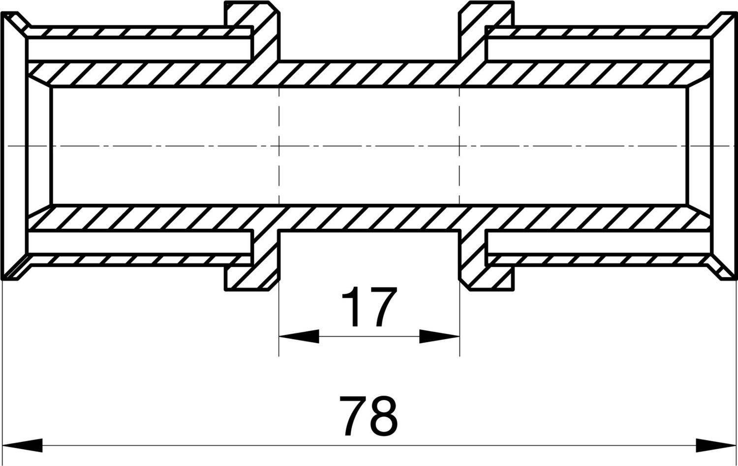 Querschnittstechnische Zeichnung eines zylindrischen Teils mit den Abmessungen 17 und 78, die eine zentrale Öffnung und gestufte Endfunktionen zeigen.
