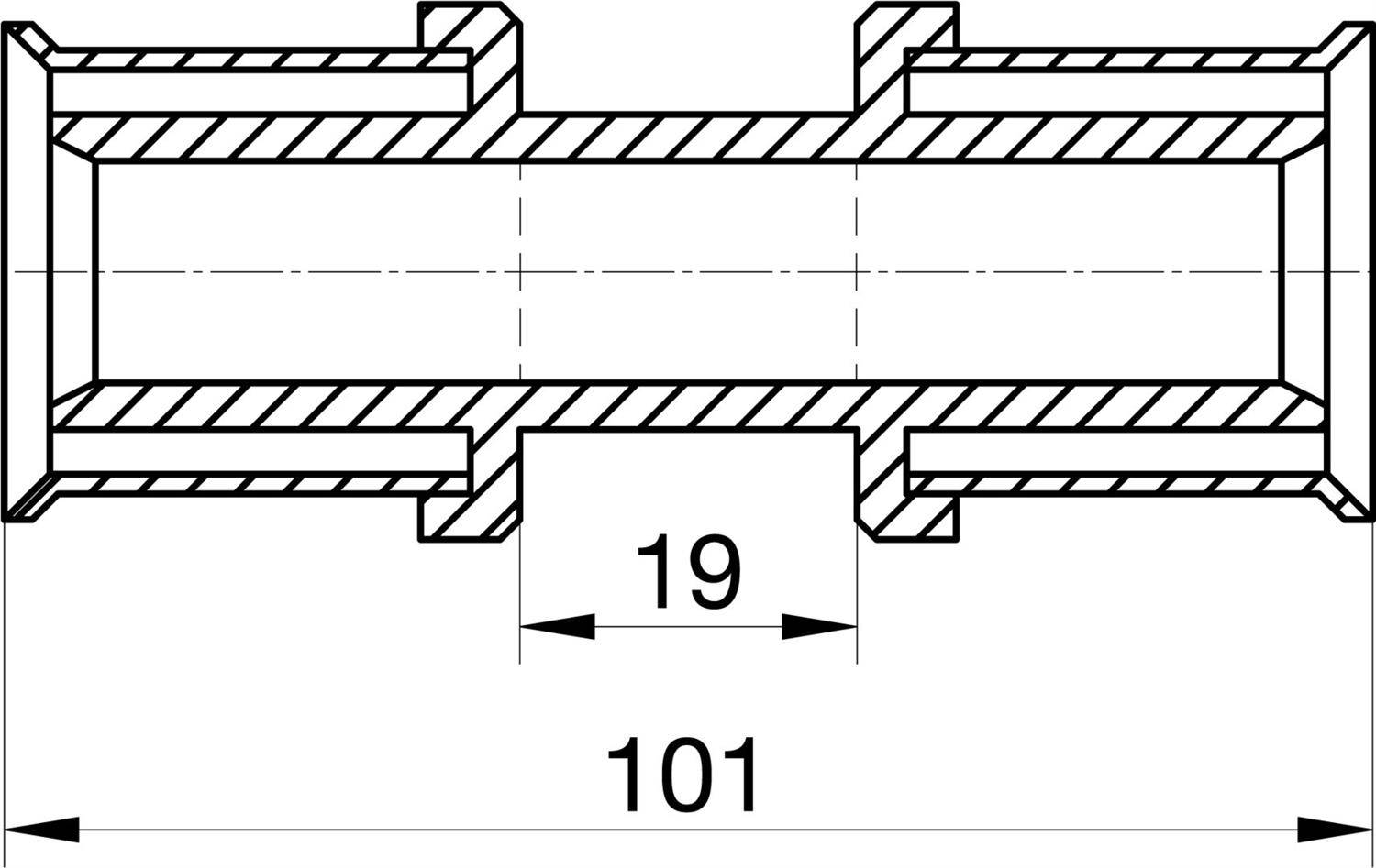 Technische Querschnittszeichnung eines zylindrischen Bauteils mit den Maßen 101 und 19, die durch Pfeile gekennzeichnet sind.