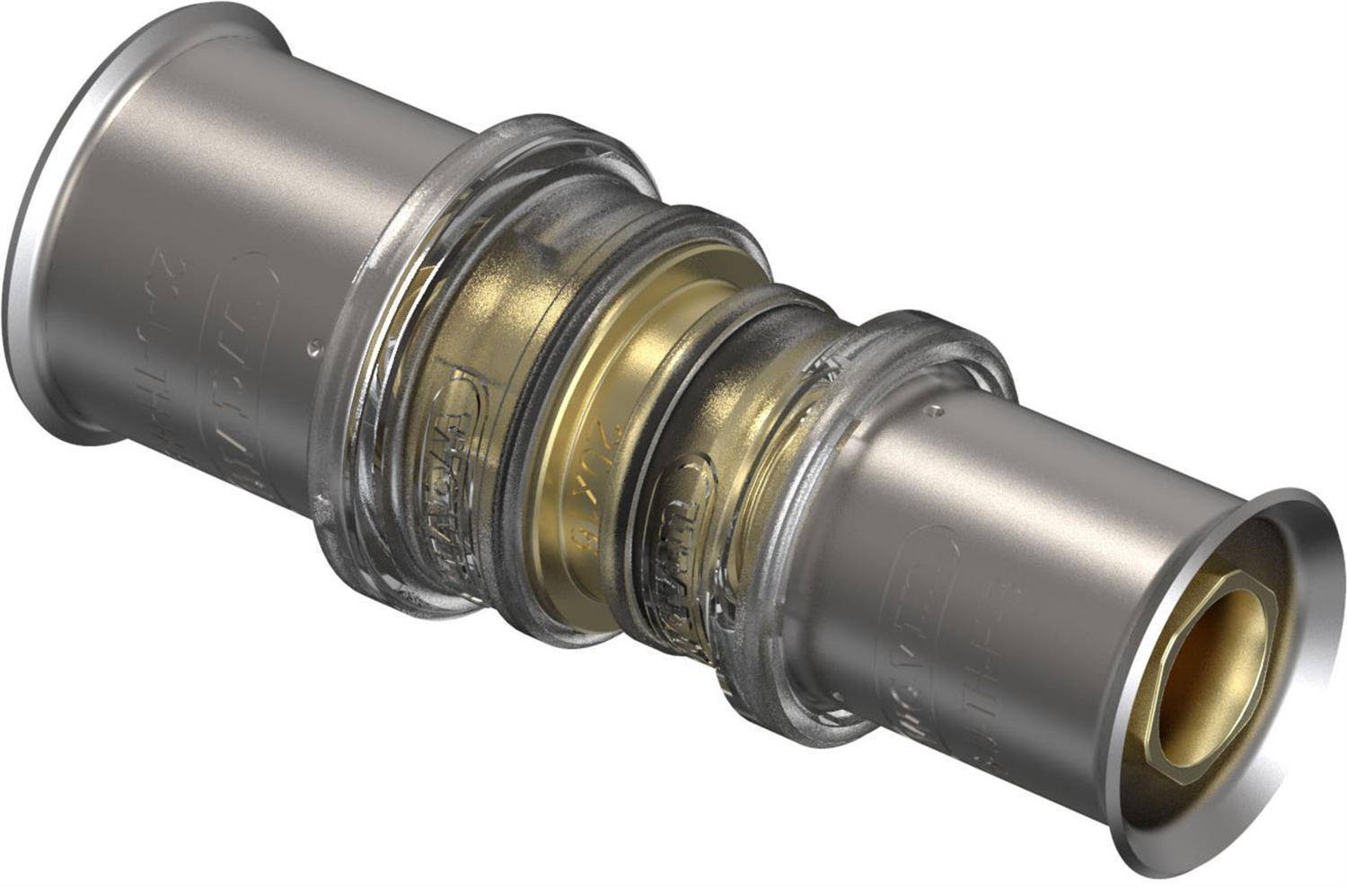 Nahaufnahme einer Metallrohrkupplung mit transparentem Mittelteil, das den internen Verriegelungsmechanismus und den goldfarbenen inneren Ring zeigt.