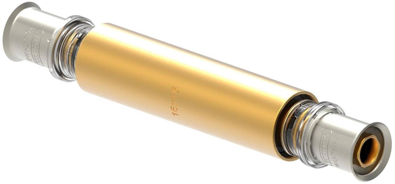 Goldene zylindrische elektronische Komponente mit Metallsteckern an beiden Enden, isoliert auf weißem Hintergrund dargestellt.