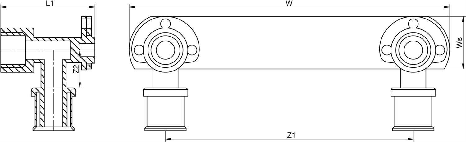 Technische Zeichnung einer Trägerstützanordnung mit zwei Befestigungswinkeln, die eine Vorderansicht und einen Querschnitt mit gekennzeichneten Abmessungen L1, W, W5, Z1 und Z2 zeigen.