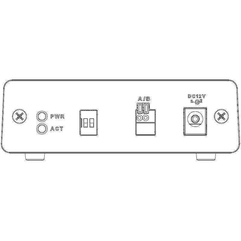 Eine Strichzeichnung eines Geräterückpanels mit Stromversorgungs- und Aktivitätsanzeigelampen, einer A/B-Taste, einem 12-V-Gleichstromeingang und zwei Schrauben.