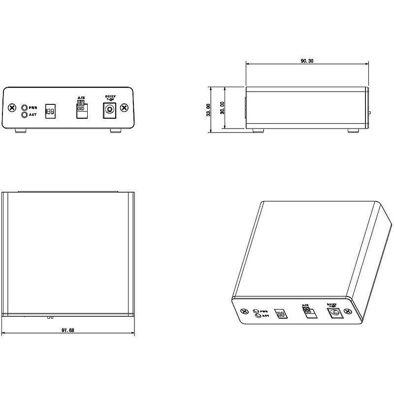 Technische Zeichnung eines rechteckigen elektronischen Geräts mit Vorder-, Seiten-, Draufsicht und perspektivischer Ansicht mit Abmessungen und gekennzeichneten Ein-/Ausgabeanschlüssen.