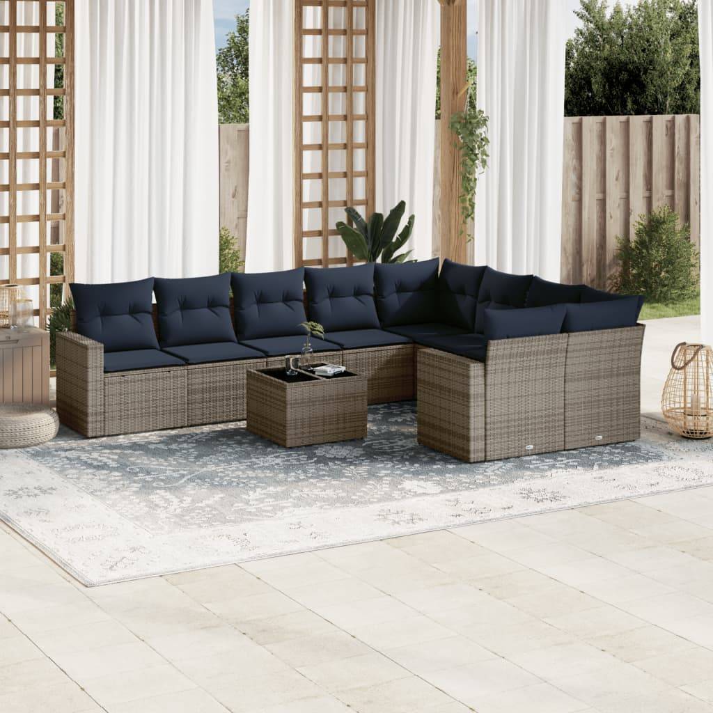 vidaXL 10-tlg. Garten-Sofagarnitur mit Kissen Grau Poly Rattan
