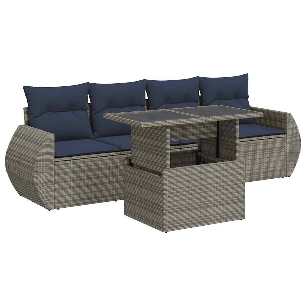 vidaXL 5-tlg. Garten-Sofagarnitur mit Kissen Grau Poly Rattan Akazie