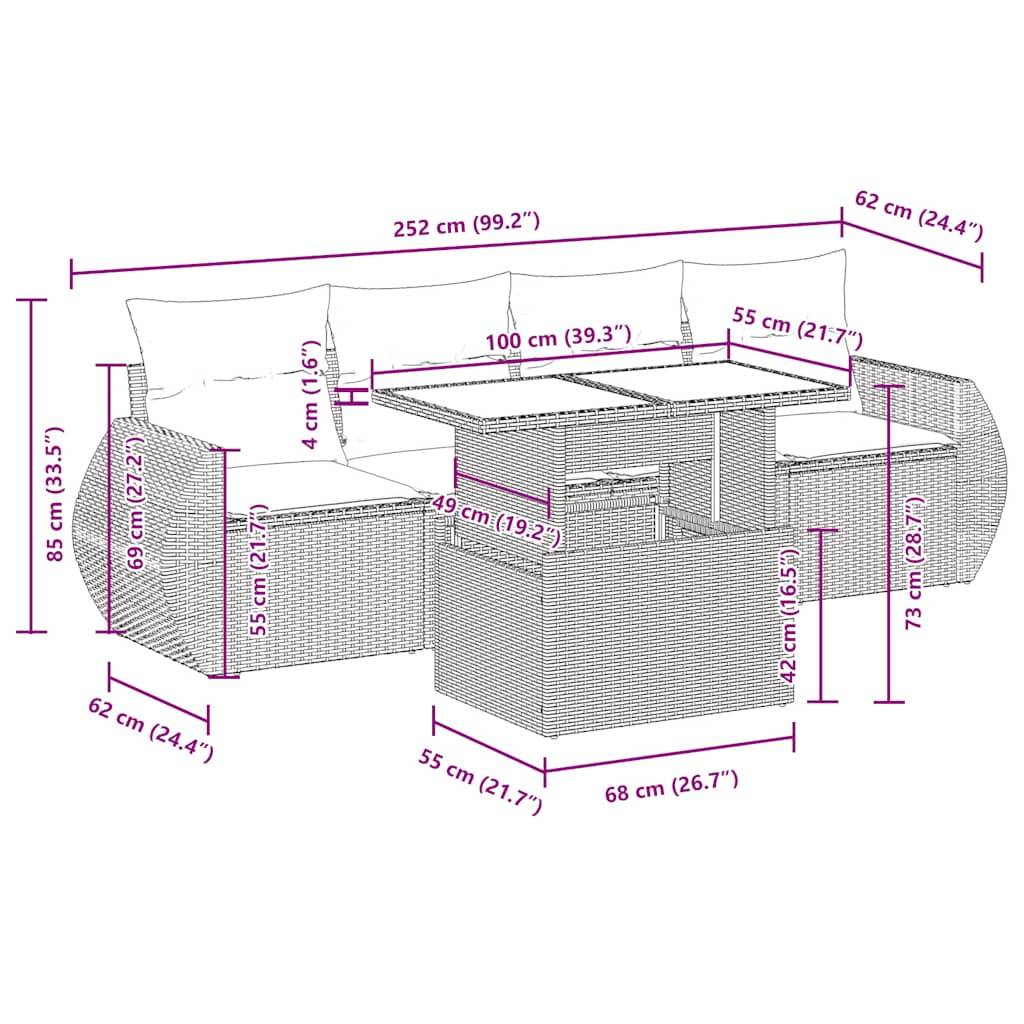 vidaXL 5-tlg. Garten-Sofagarnitur mit Kissen Grau Poly Rattan Akazie