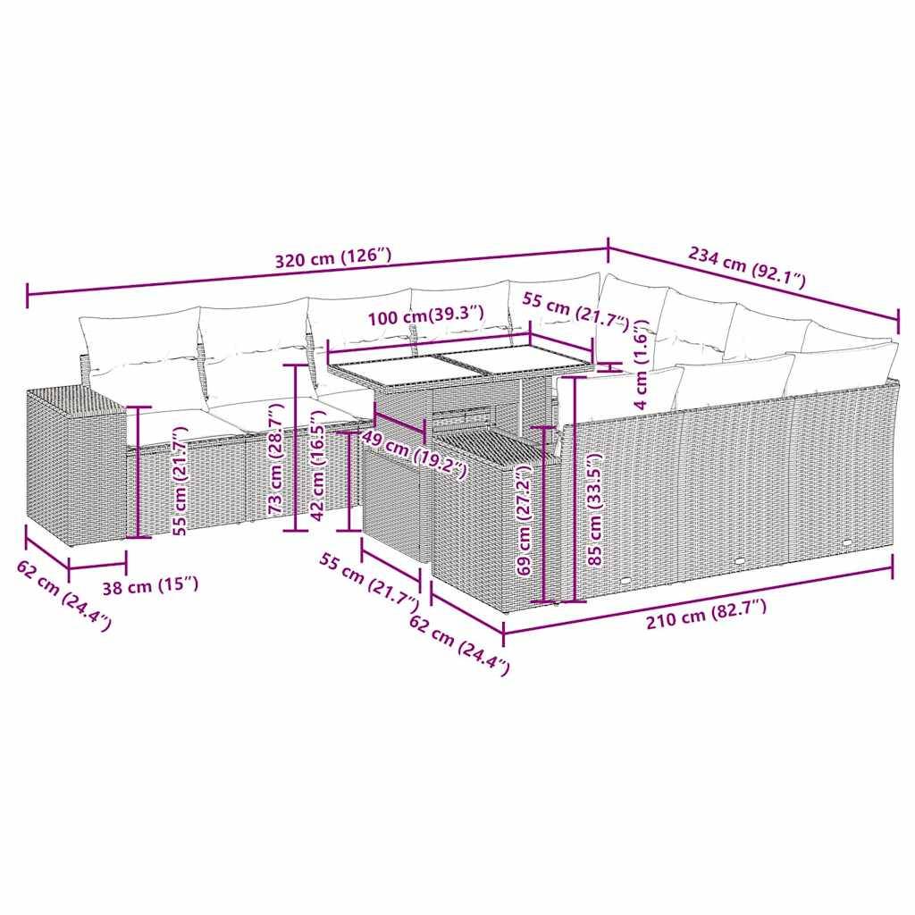 vidaXL 11-tlg. Garten-Sofagarnitur mit Kissen Grau Poly Rattan Akazie