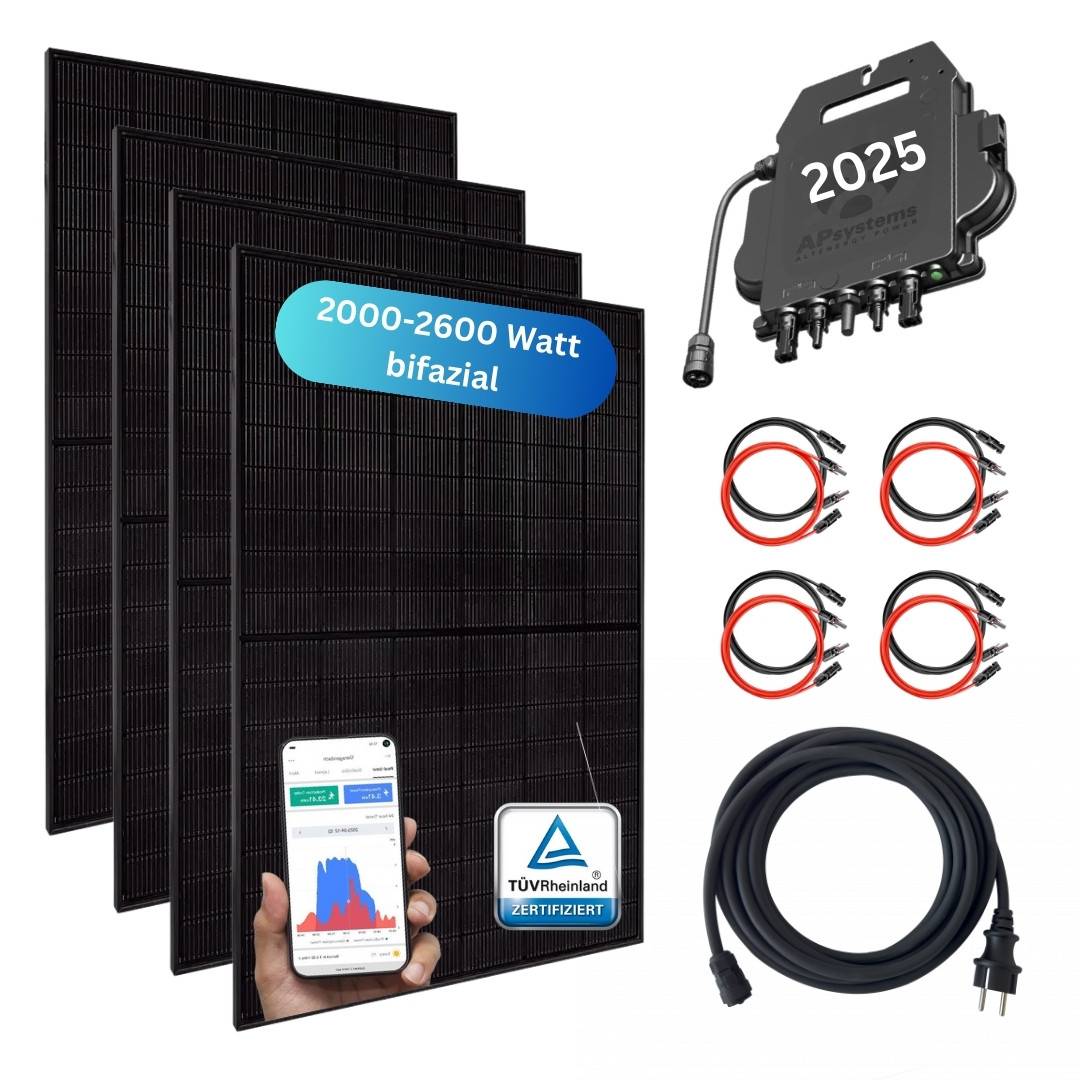 MyVoltaics® Balkonkraftwerk MyBasic XXL 2000 Watt, 4x500 Wp Module bifazial, APsystems Wechselrichter WLAN 800 Watt, Komplettset 10m