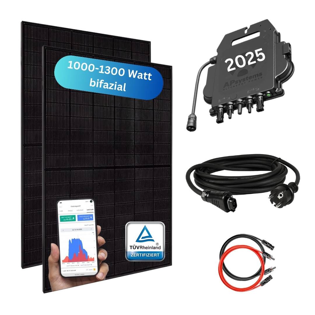 MyVoltaics® Balkonkraftwerk MyBasic XXL 1000 Watt, 2x500 Wp Module bifazial, APsystems Wechselrichter WLAN 800 Watt, Komplettset 5m