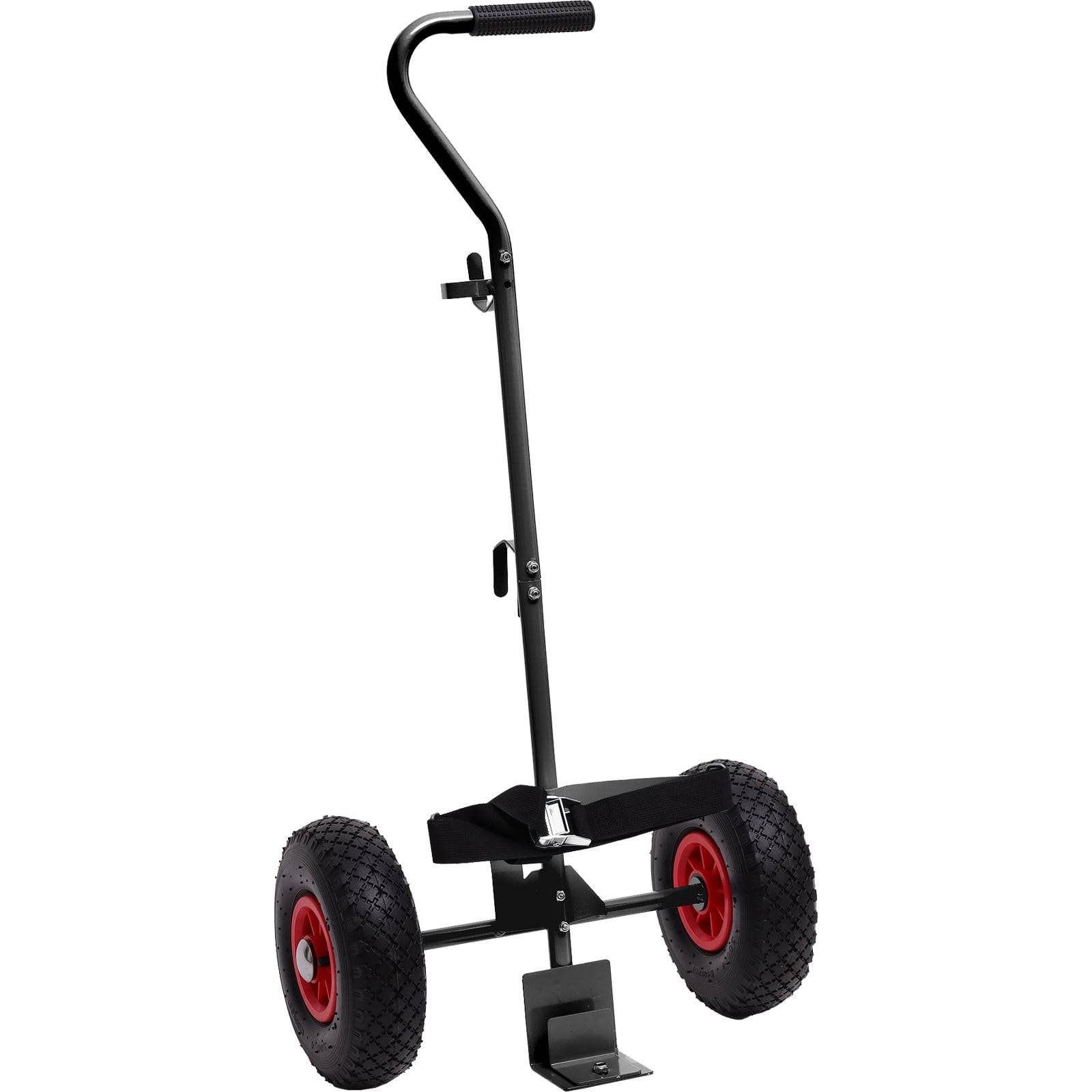 Ein schwarzer Handwagen mit großen roten Rädern und einem hohen Griff, der zum Transport schwerer Lasten entwickelt wurde.