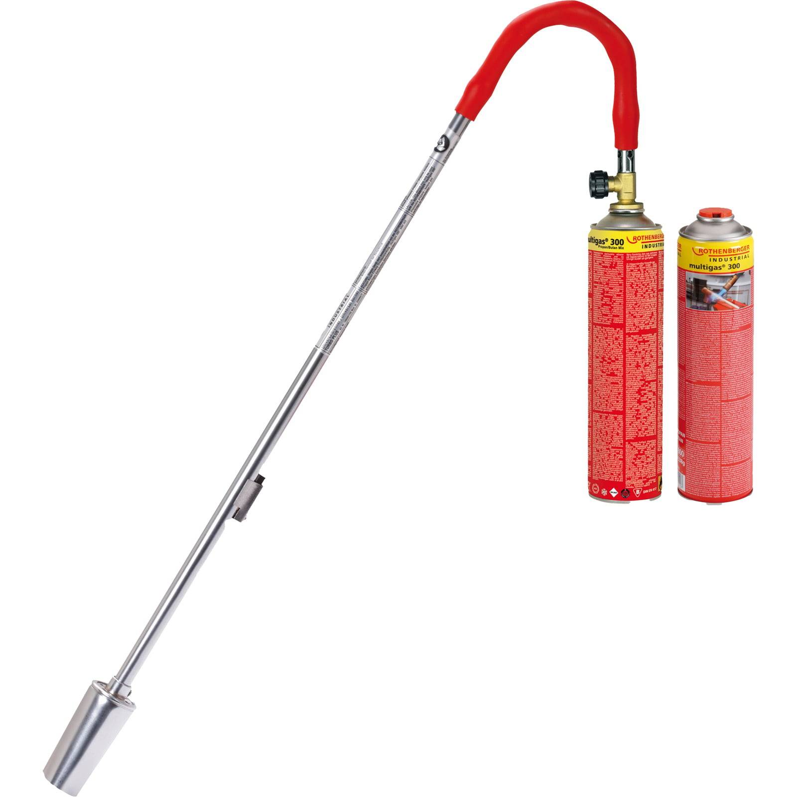 Ein Propanbrenner mit langem Griff und rotem Griff, zusammen mit zwei kleinen Gaskanistern. Geeignet für robuste Outdoor-Anwendungen.