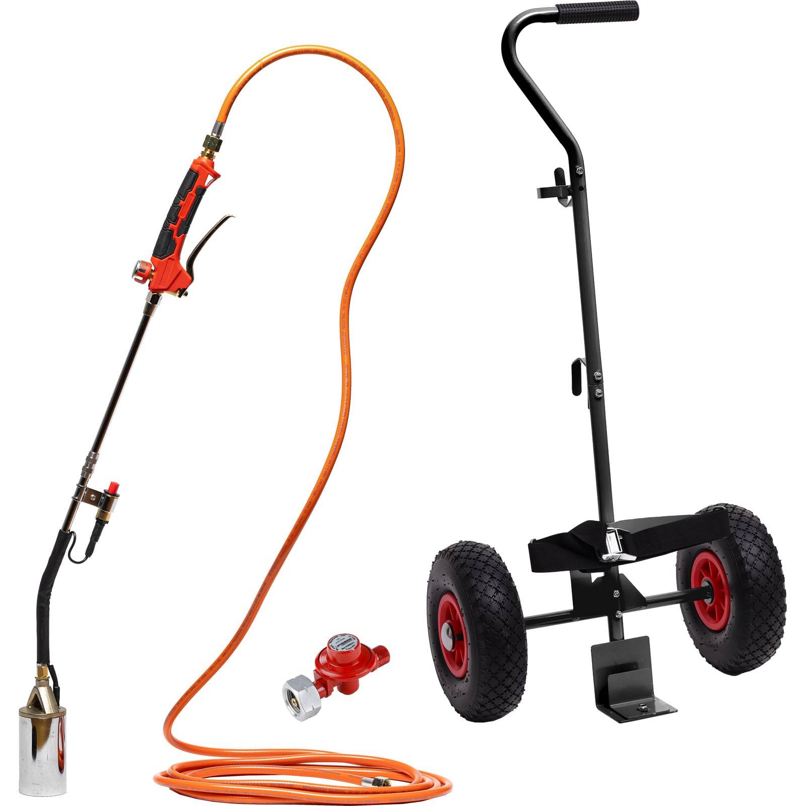 Flammenwerfer-Taschenset mit Propanschlauch, Druckregler und Fahrgestell. Verwendet für Gartenarbeiten, Schneeentfernung und leichte Schweißarbeiten.