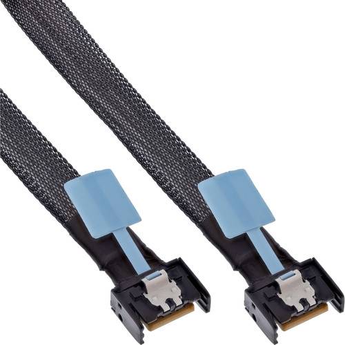 Zwei SATA-Kabel mit blauen Anschlüssen werden nebeneinander dargestellt. Jedes Kabel hat eine schwarze Gewebeschutzummantelung und Metallverriegelungen an den Anschlüssen.