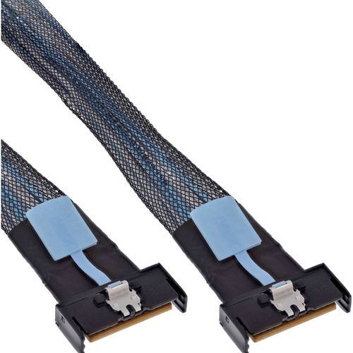 Zwei Computer-Datenkabel mit schwarzen Anschlüssen und blauen Ummantelungen, die für interne Hardwareverbindungen verwendet werden, aus einer Winkelansicht dargestellt.