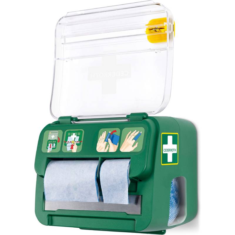 Notfall-Pflasterspender mit visuellen Gebrauchsanweisungen. Grünes Gehäuse mit einem weißen Kreuz, enthält blaue und weiße Pflaster.