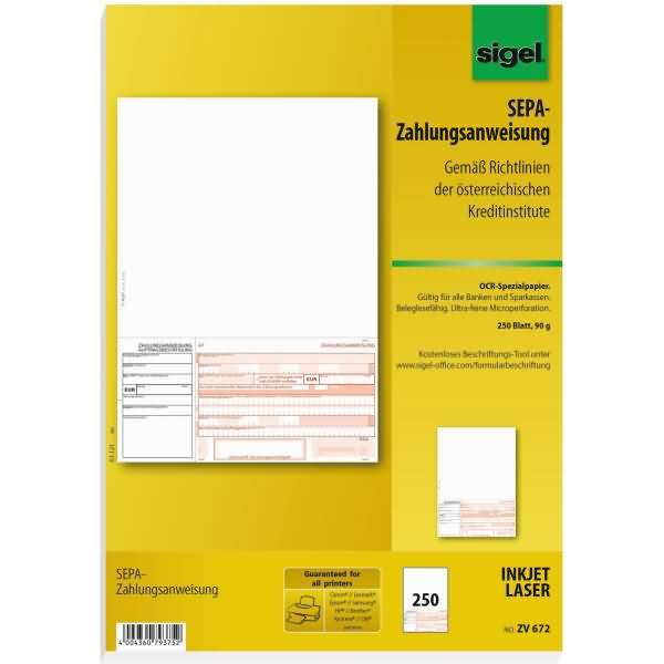 PC-SEPA-Zahlungsanweisung AT A4 90g 250 Blatt für österreichische Kreditinstitute