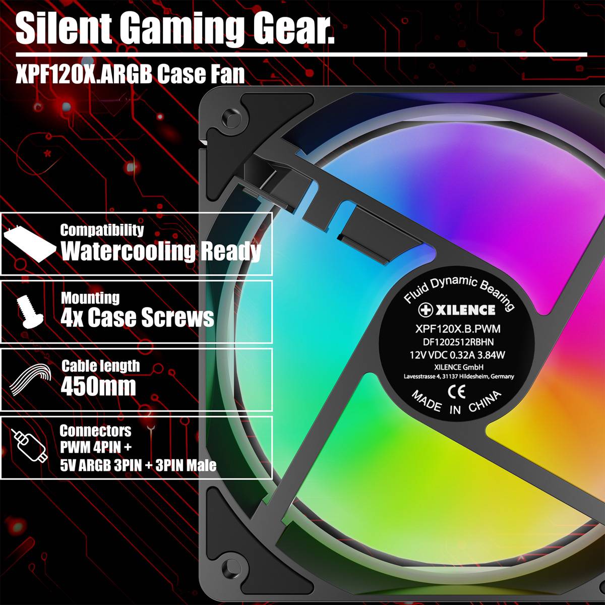 Silent Gaming Gear' XPF120X ARGB Gehäuselüfter mit Mehrfarbbeleuchtung, 120mm Größe, für Wasserkühlung geeignet, verbraucht 4,56W, Geräuschlevel 23,6dB.
