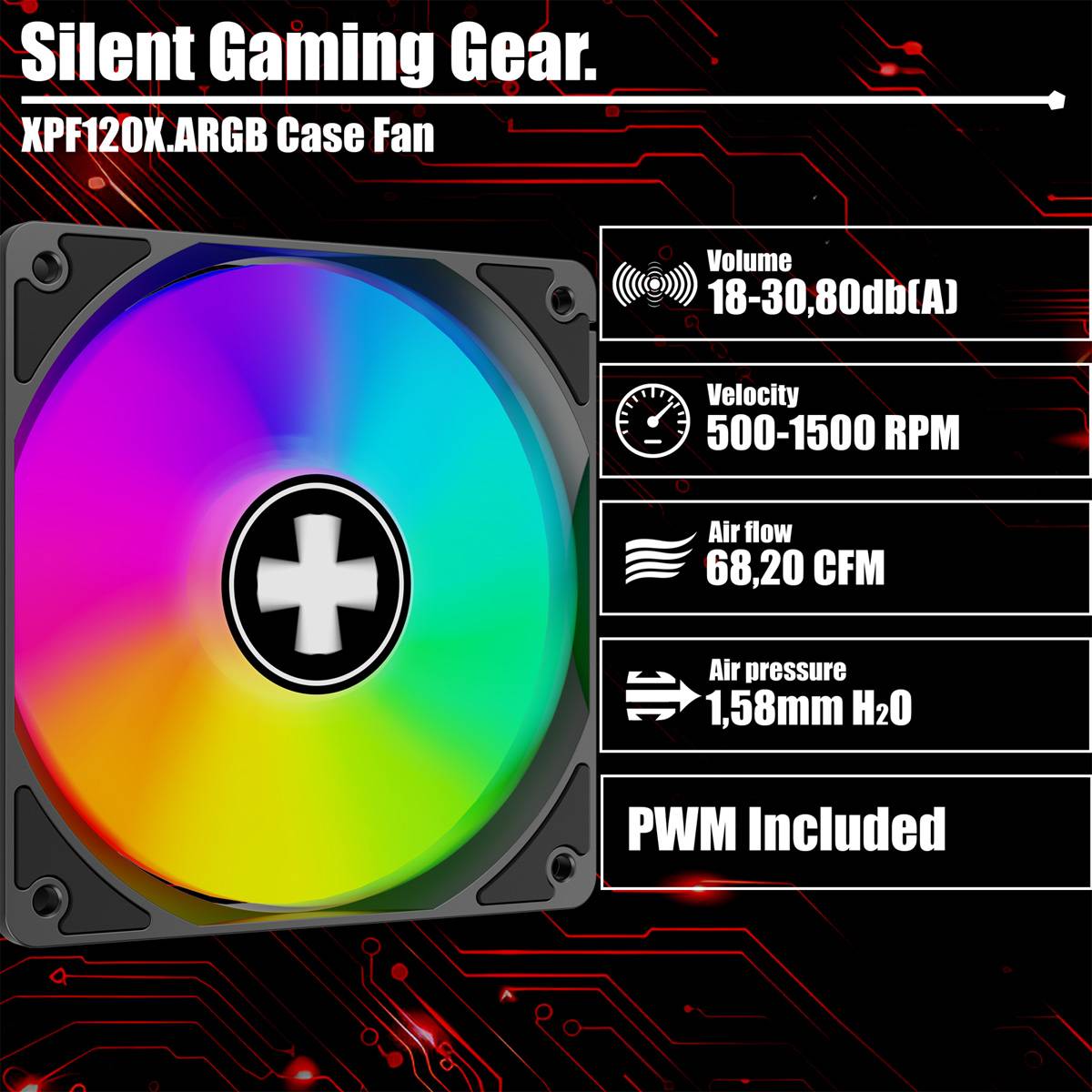 Silent Gaming Gear. XPF120X ARGB Case Fan mit Spezifikationen: Lautstärke 18-30,80 dB(A), Geschwindigkeit 500-1500 U/min, Luftdurchsatz 68,20 CFM, Luftdruck 1,58 mm H2O, PWM inklusive. Regenbogenfarbener Lüfter.