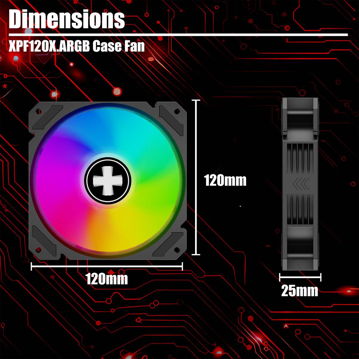 XPF120X ARGB Gehäuselüfter gezeigt mit Abmessungen: Frontansicht 120mm x 120mm, Seitenansicht 25mm. Lüfter zeigt Regenbogenfarben.