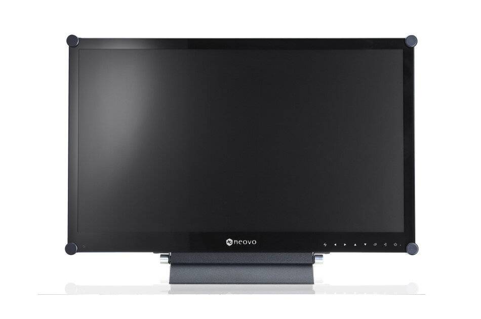 Schwarzer Neovo Flachbildschirm-Monitor auf einem Ständer, Vorderansicht vor weißem Hintergrund.
