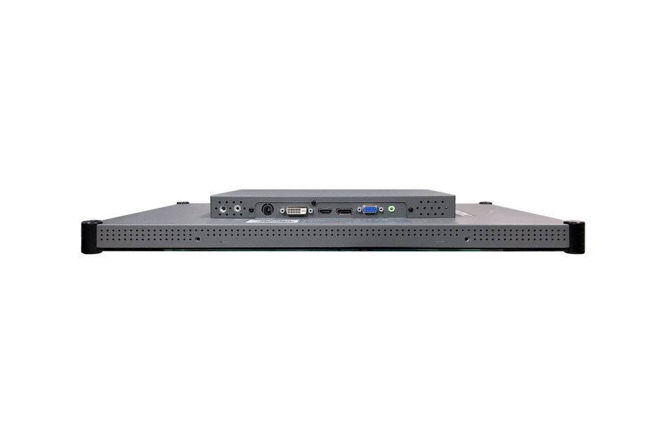 Vorderansicht eines Rack-Mount-Netzwerkgeräts oder -Servers mit mehreren Anschlüssen auf der Rückseite, einschließlich Stromversorgung, Seriell-, USB-, Video- und Ethernet-Verbindungen.