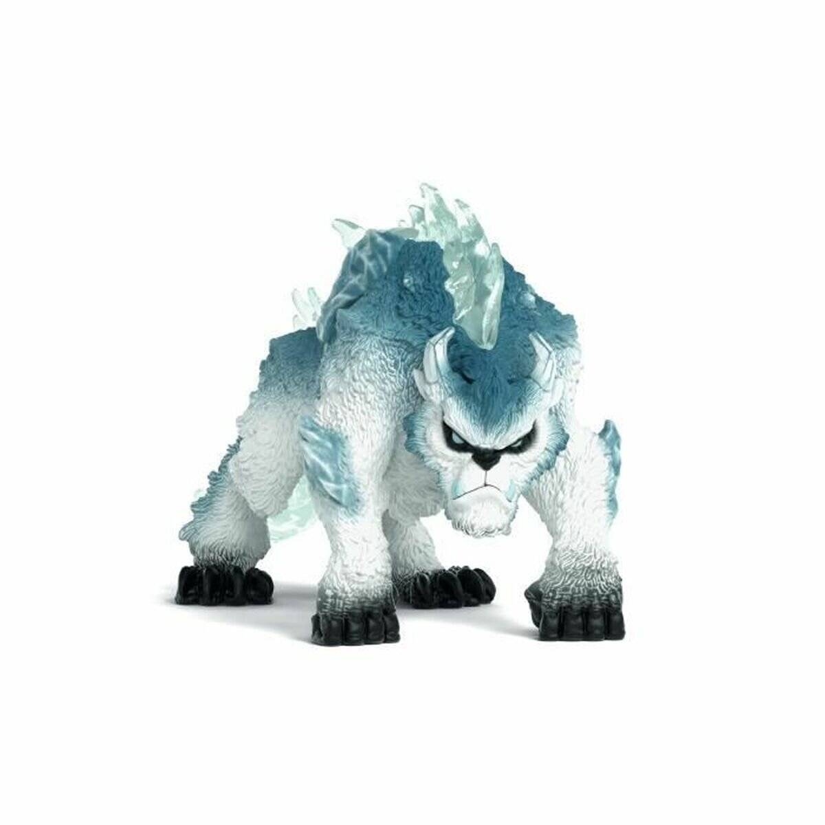 Eine weiße und blaue eisige Monsterfigurine mit Hörnern und schwarzen Krallen, die vor einem einfachen weißen Hintergrund posiert.