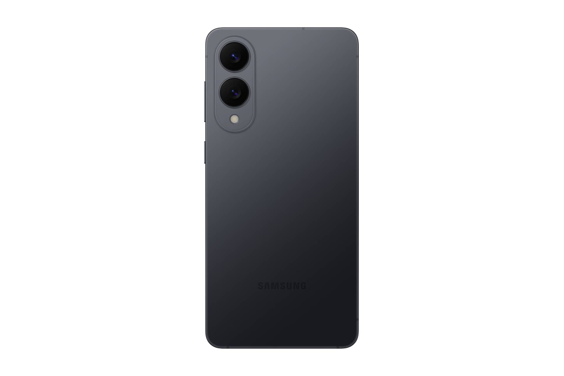 Rückansicht eines grauen Samsung-Smartphones mit einem vertikalen Dual-Kamera-Modul und Blitz auf schwarzem Hintergrund.