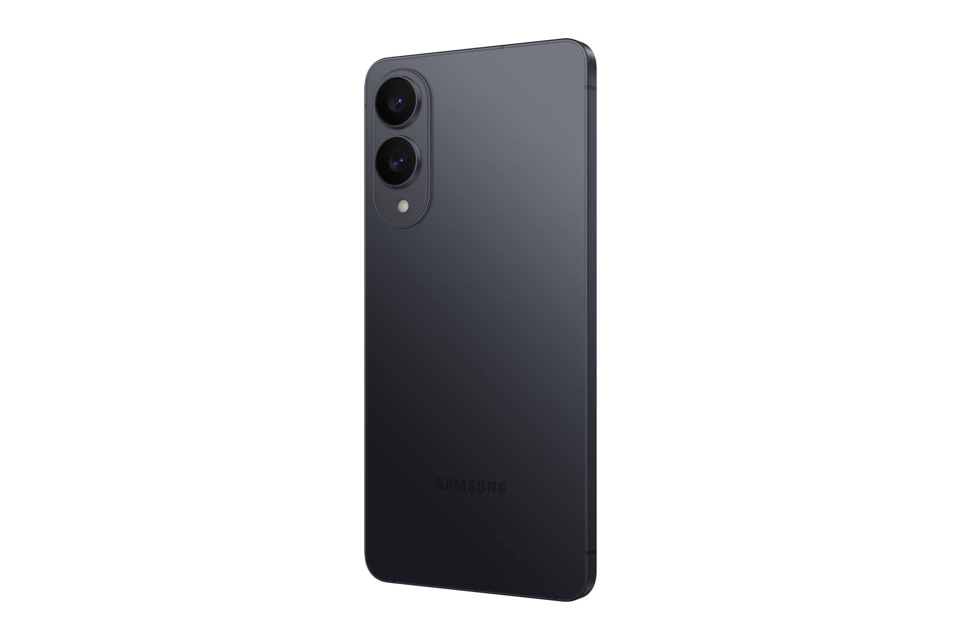 Rückansicht eines dunkelgrauen Samsung-Smartphones mit Dual-Kameras auf der Rückseite und Blitz auf schwarzem Hintergrund.