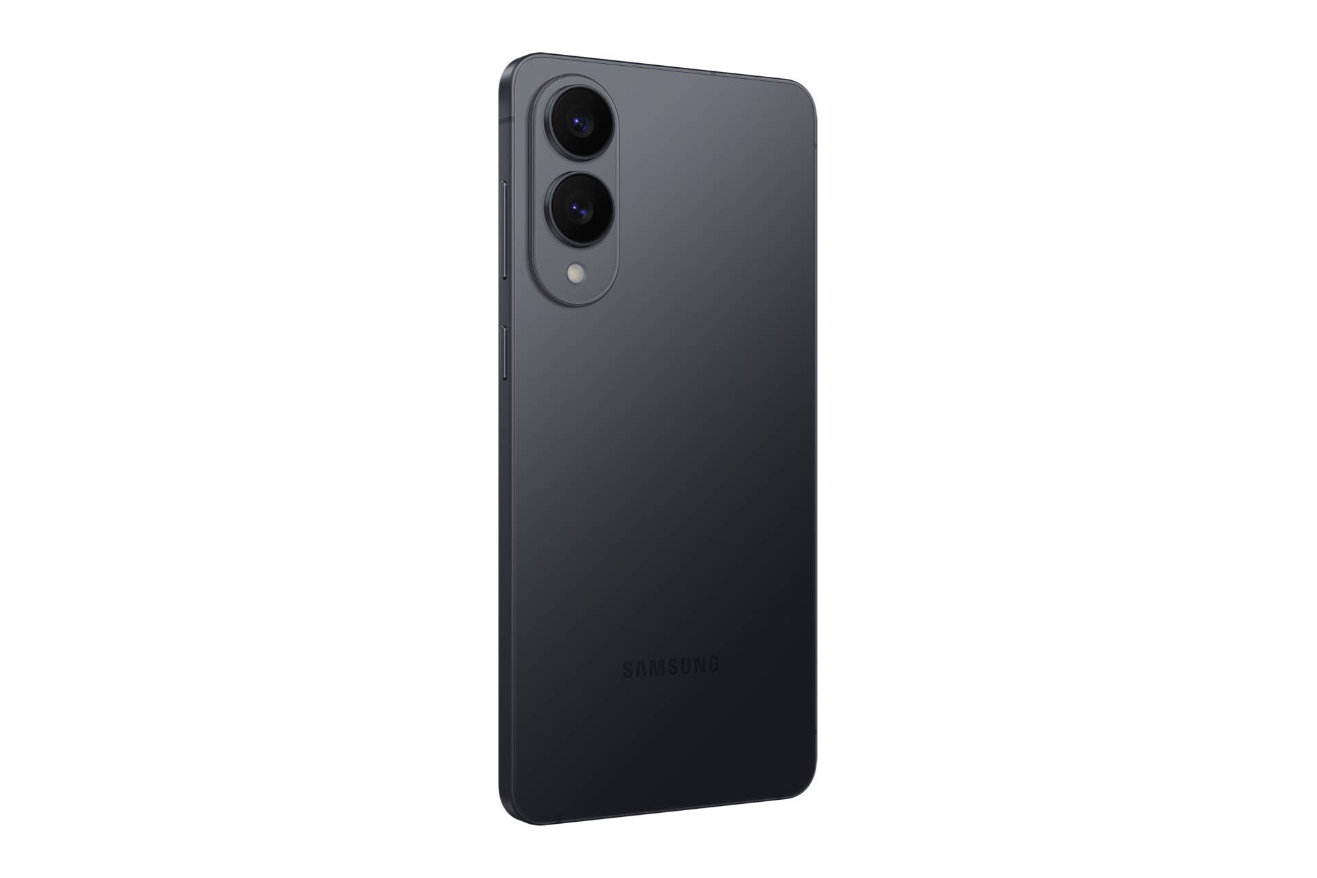 Rückansicht eines dunkelgrauen Samsung-Smartphones mit dualen Rückkameras und Blitz auf einfachem schwarzem Hintergrund.