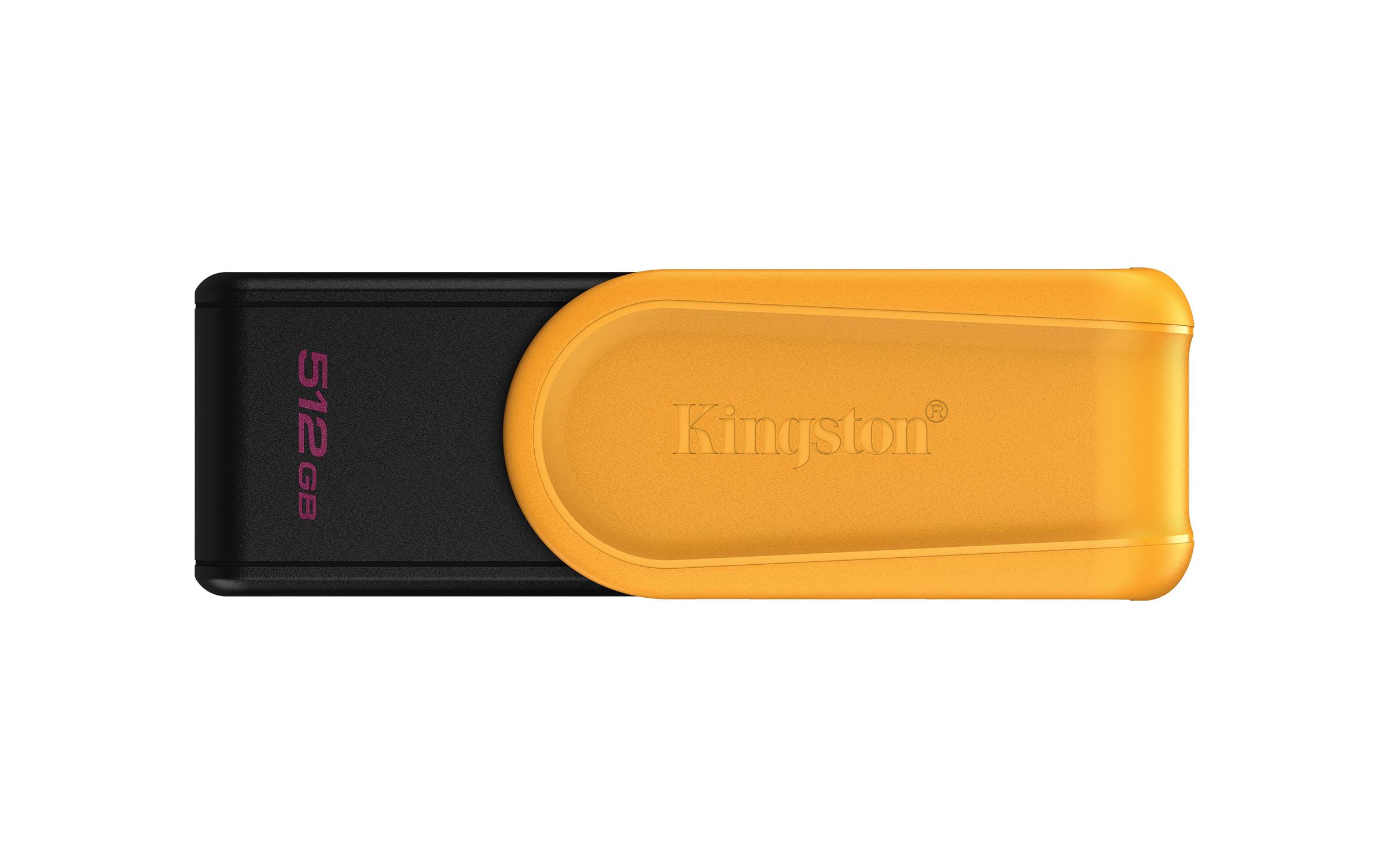 Kingston 512GB USB-Stick in Schwarz und Orange, horizontal auf weißem Hintergrund dargestellt.