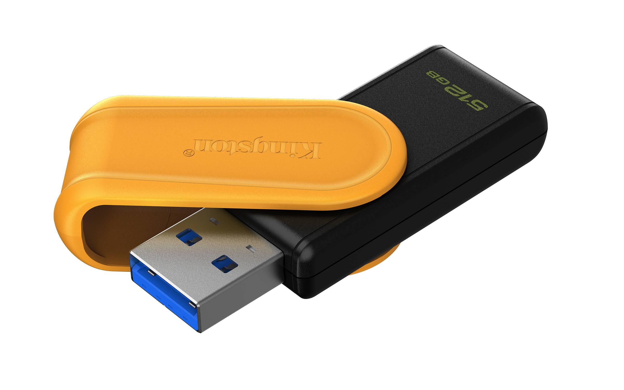 Schwarzer und gelber USB-Speicherstab mit zurückgeschobenem Deckel, der den USB-Anschluss freilegt.