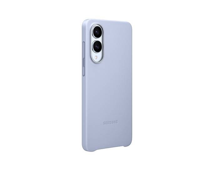 Rückansicht eines lavendelfarbenen Samsung-Smartphones mit Dual-Rückkameras und schlankem Case, auf weißem Hintergrund dargestellt.