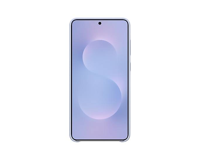 Vorderansicht eines hellvioletten Smartphones mit einer zentrierten Lochkamera und abstraktem Pastellhintergrundbild auf weißem Hintergrund.