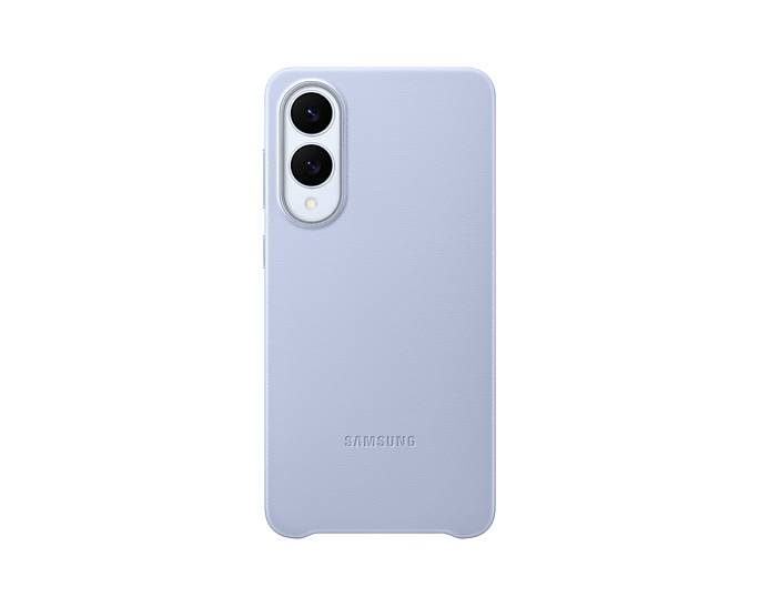 Hellblaue Samsung-Smartphone-Hülle mit doppeltem Kameraausschnitt auf der Rückseite und geprägtem Samsung-Logo.