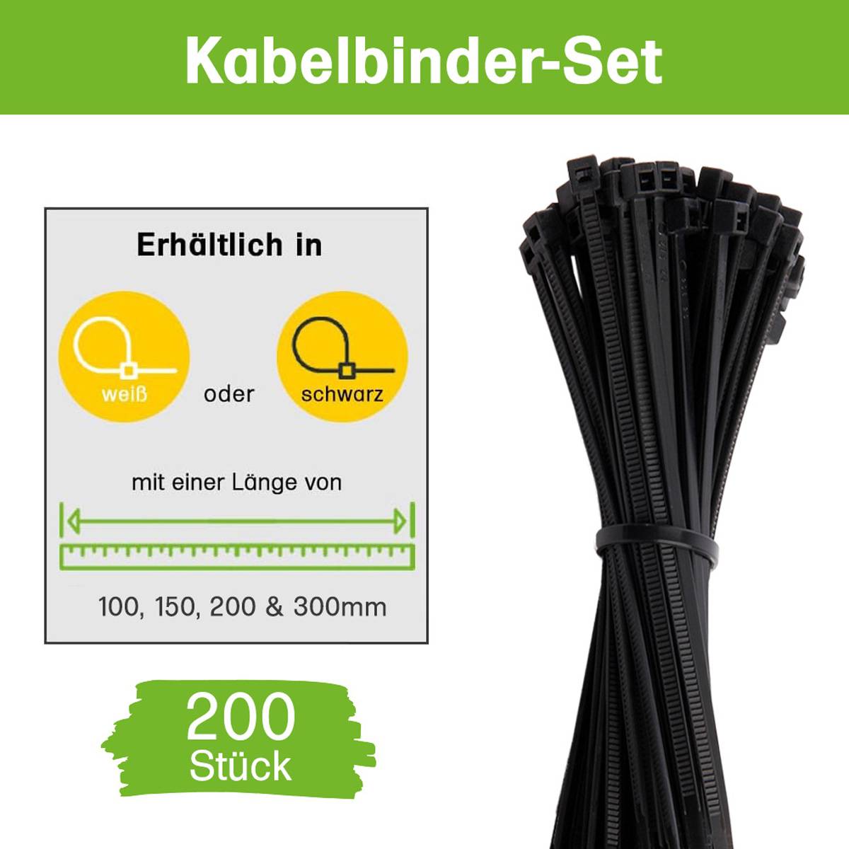 Offgridtec Kabelbinder 200 Stk. Schwarz Nylon UV-Beständig Verschiedene Längen 100mm 150mm 200mm 300mm
