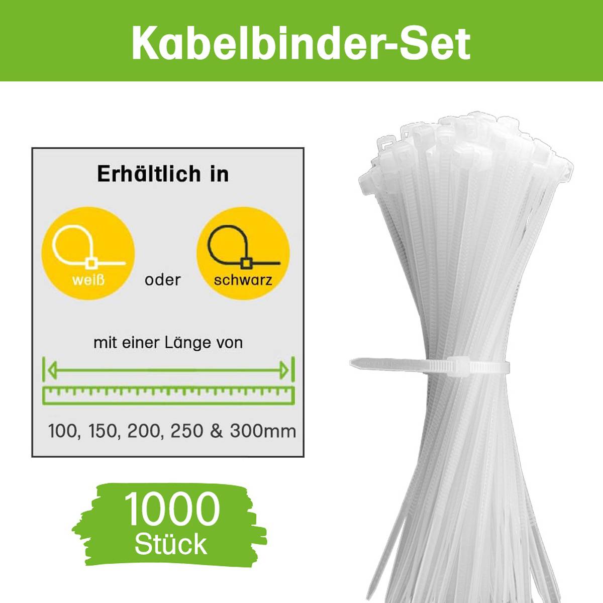 Offgridtec Kabelbinder 1000 Stk. weiß Nylon UV-Beständig Verschiedene Längen 100mm 150mm 200mm 250mm 300mm