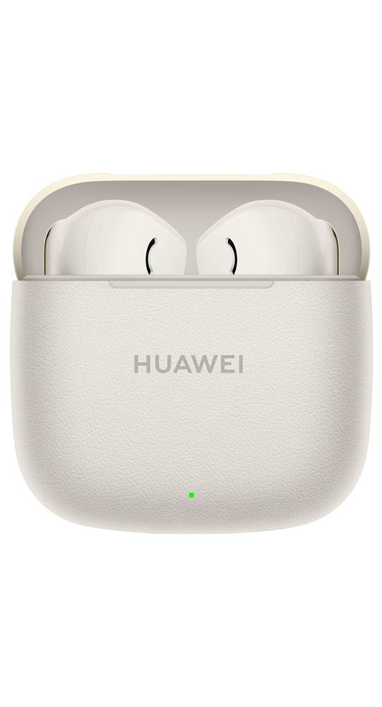 Weiße kabellose Huawei-Ohrhörer in einem offenen Ladeetui, Vorderansicht auf schwarzem Hintergrund, mit einem kleinen grünen Statuslicht.