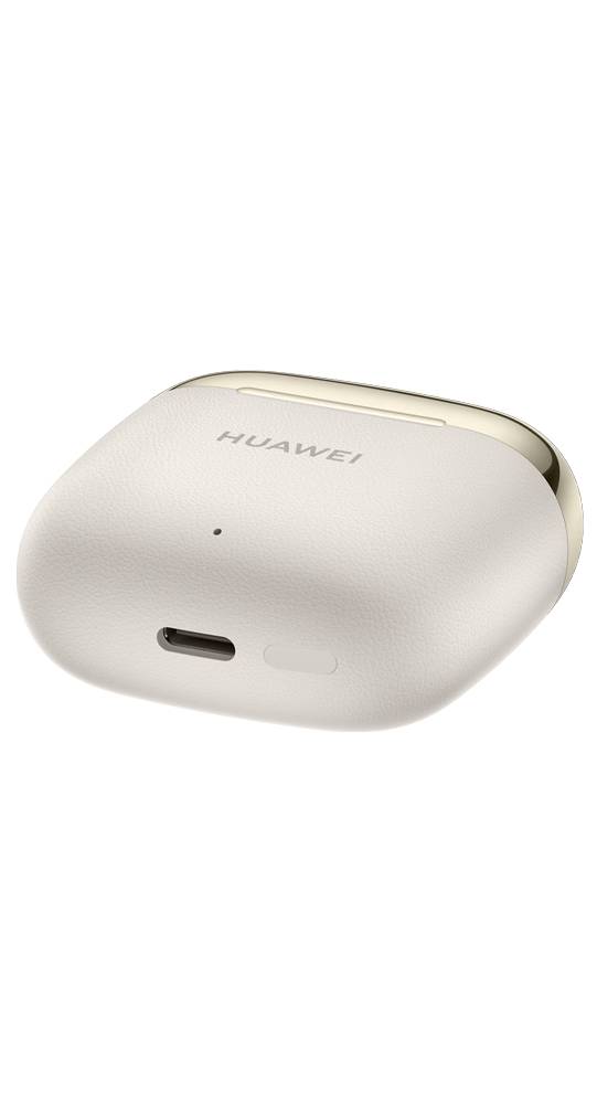 Weiße Huawei Wireless-Ohrhörer mit Ladegehäuse mit USB-C-Ladeanschluss auf schwarzem Hintergrund.