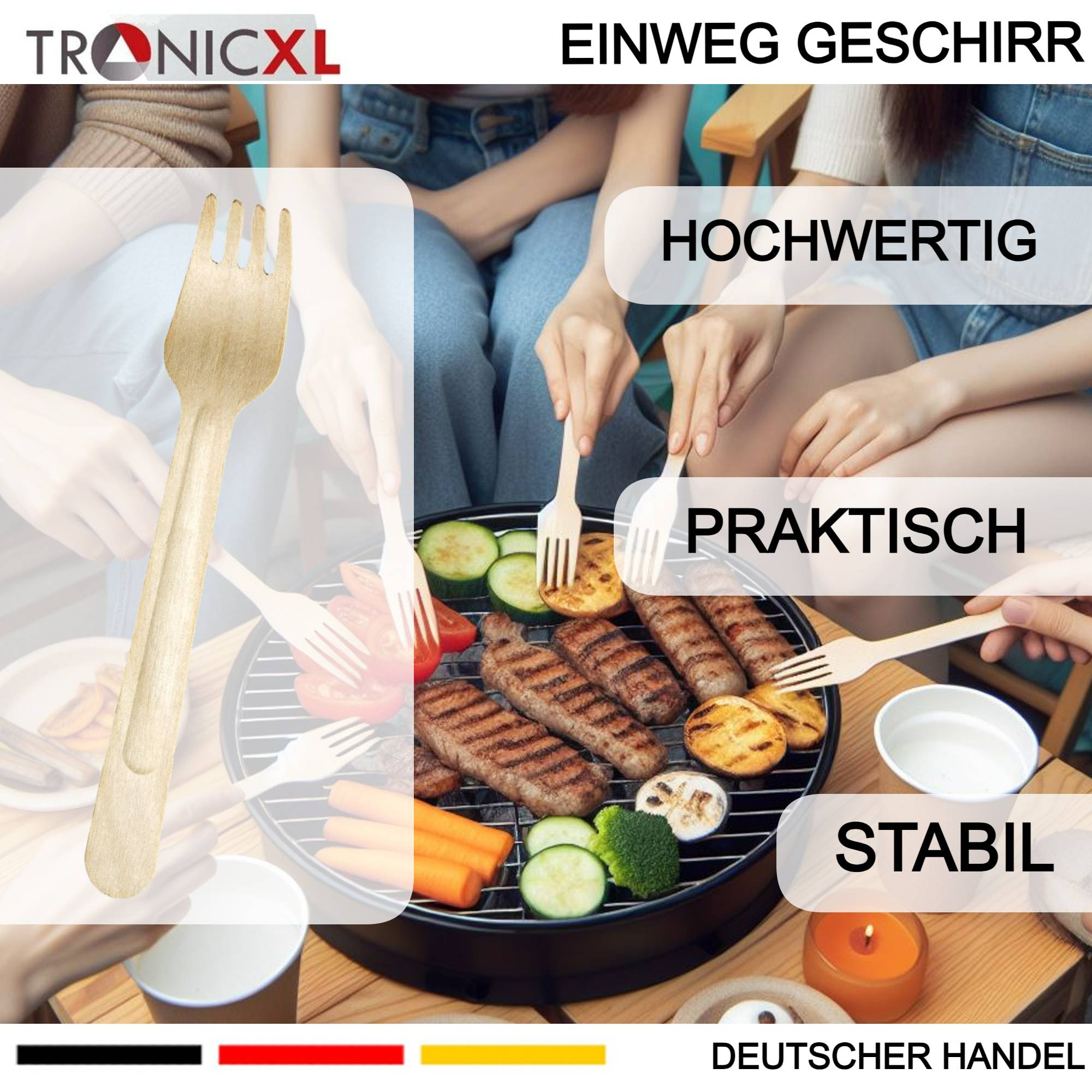 1000 x Einweg Gabel Einwegbesteck Besteck Holzgabel Camping Grillen BBQ Gastronomie robust Partybesteck Einmalbesteck