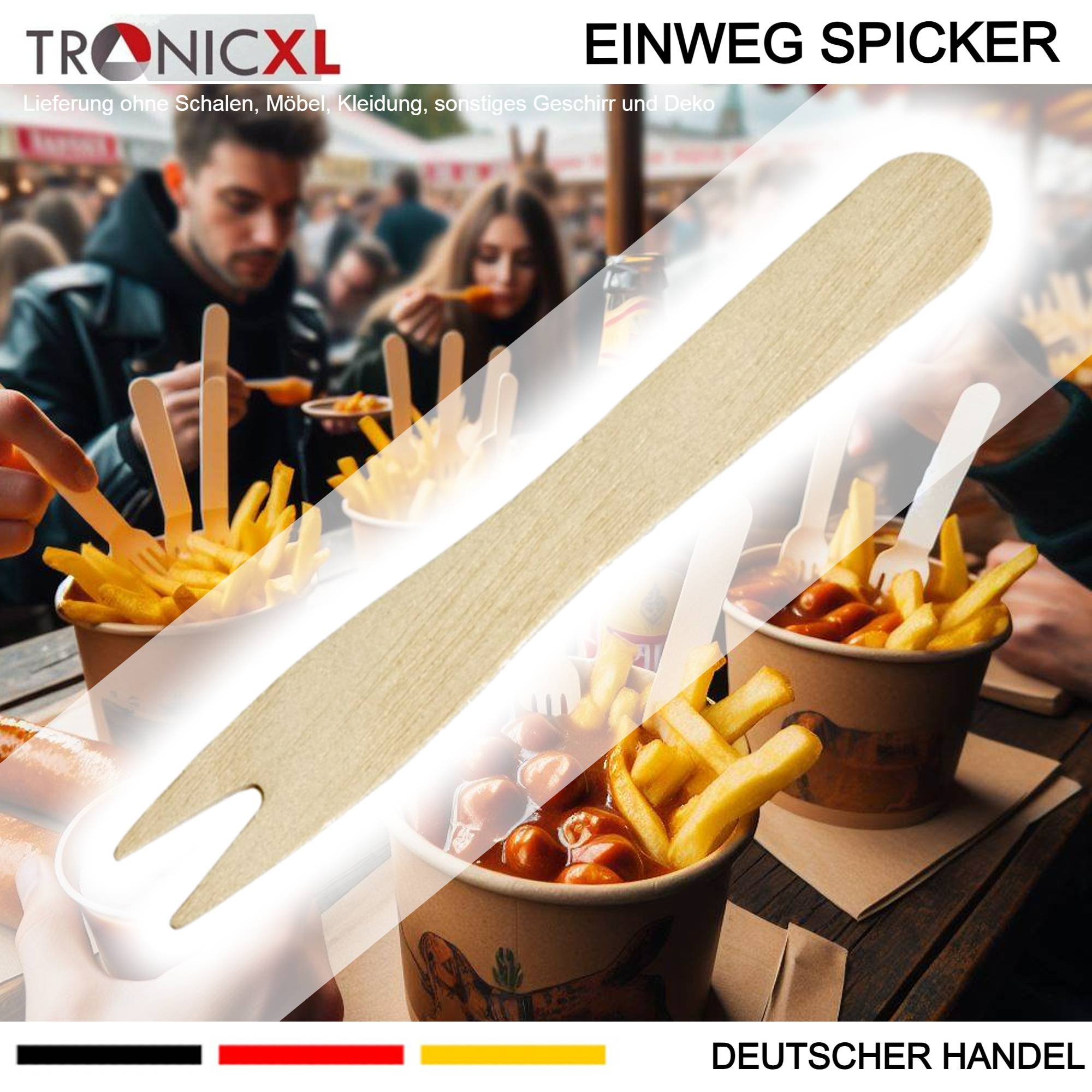 2000 x Holzspicker I EINZELN VERPACKT I Pommesgabel Spicker Holz Pommesgabeln Currywurst Pommes Holzspieße Einwegbesteck