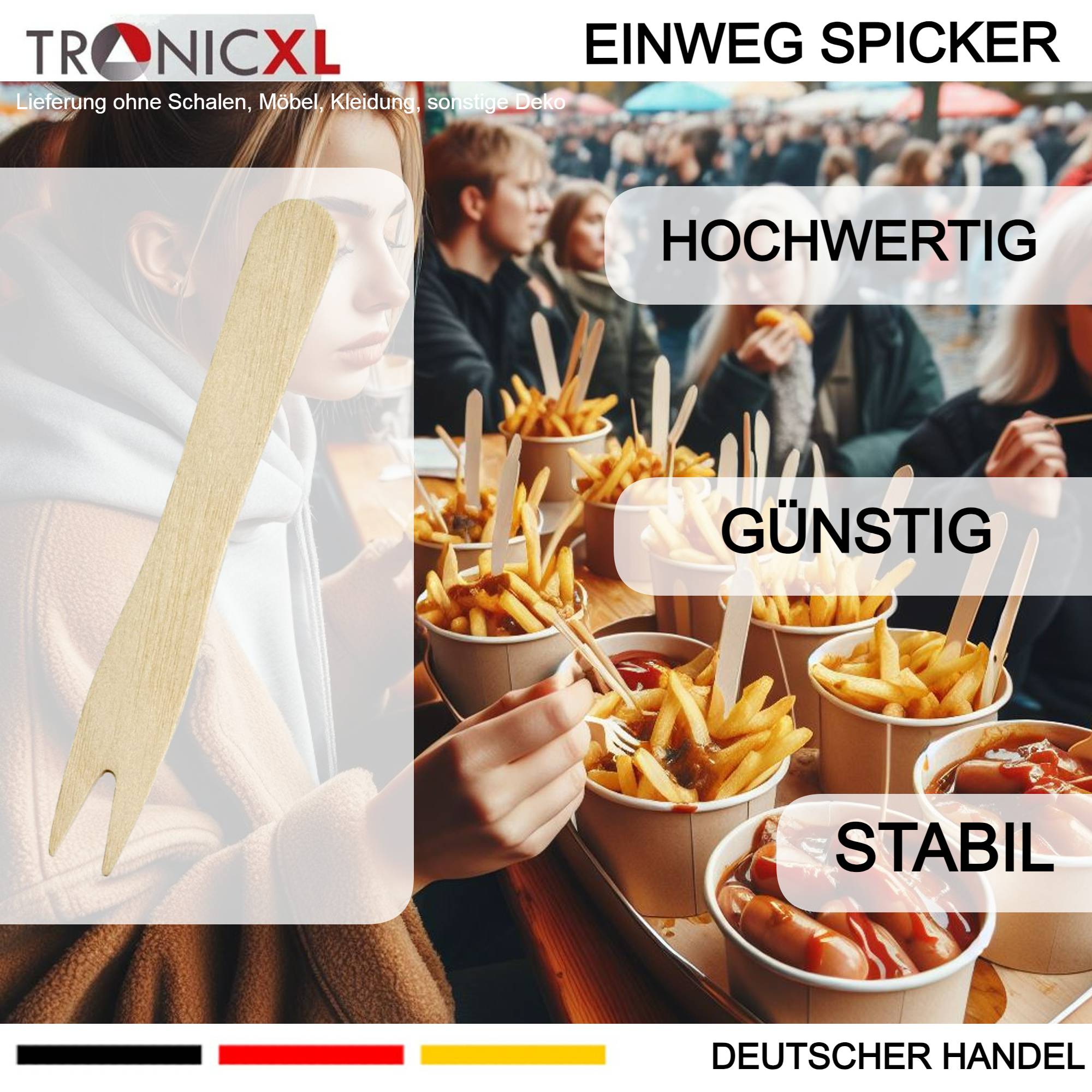 2000 x Holzspicker I EINZELN VERPACKT I Pommesgabel Spicker Holz Pommesgabeln Currywurst Pommes Holzspieße Einwegbesteck