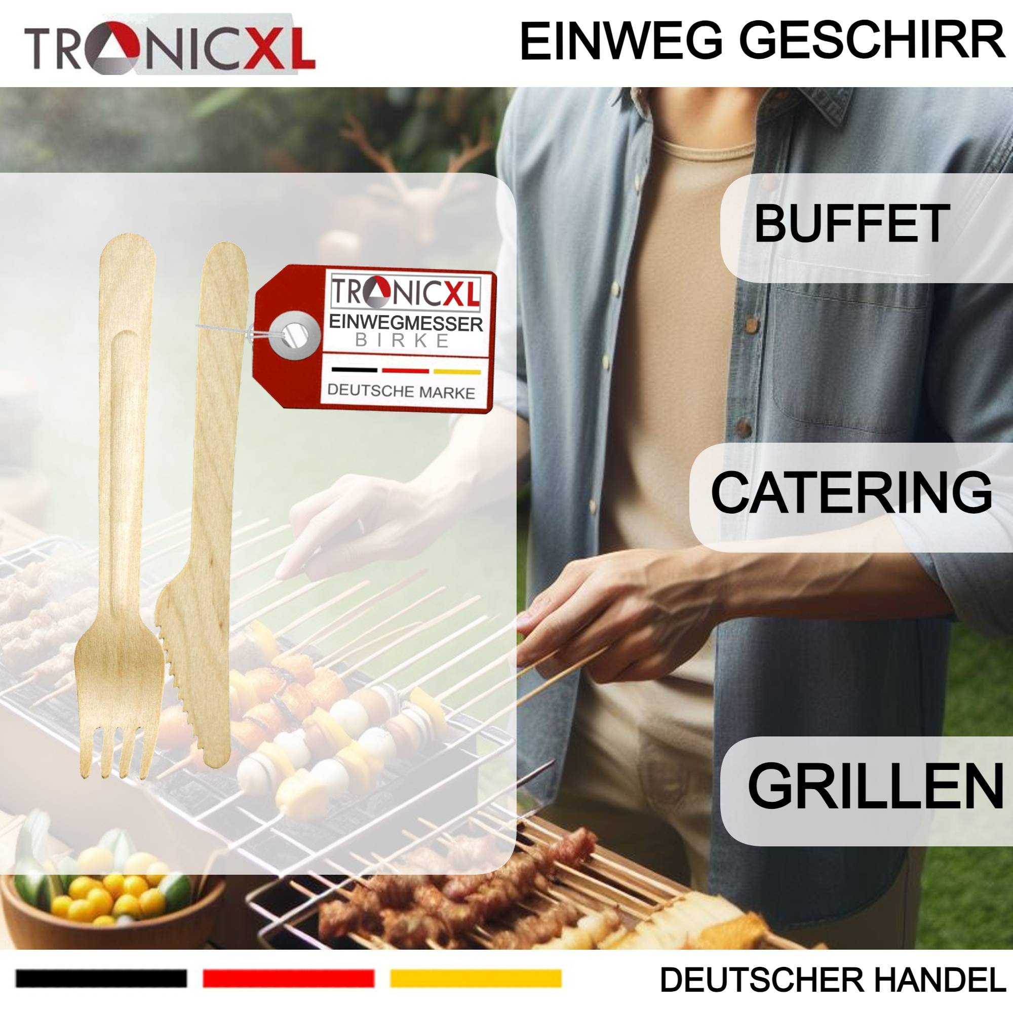 200 x Einweg Gabel + Messer Einwegbesteck Geschirr Besteck Holzmesser Camping Grillen BBQ Gastronomie Partybesteck