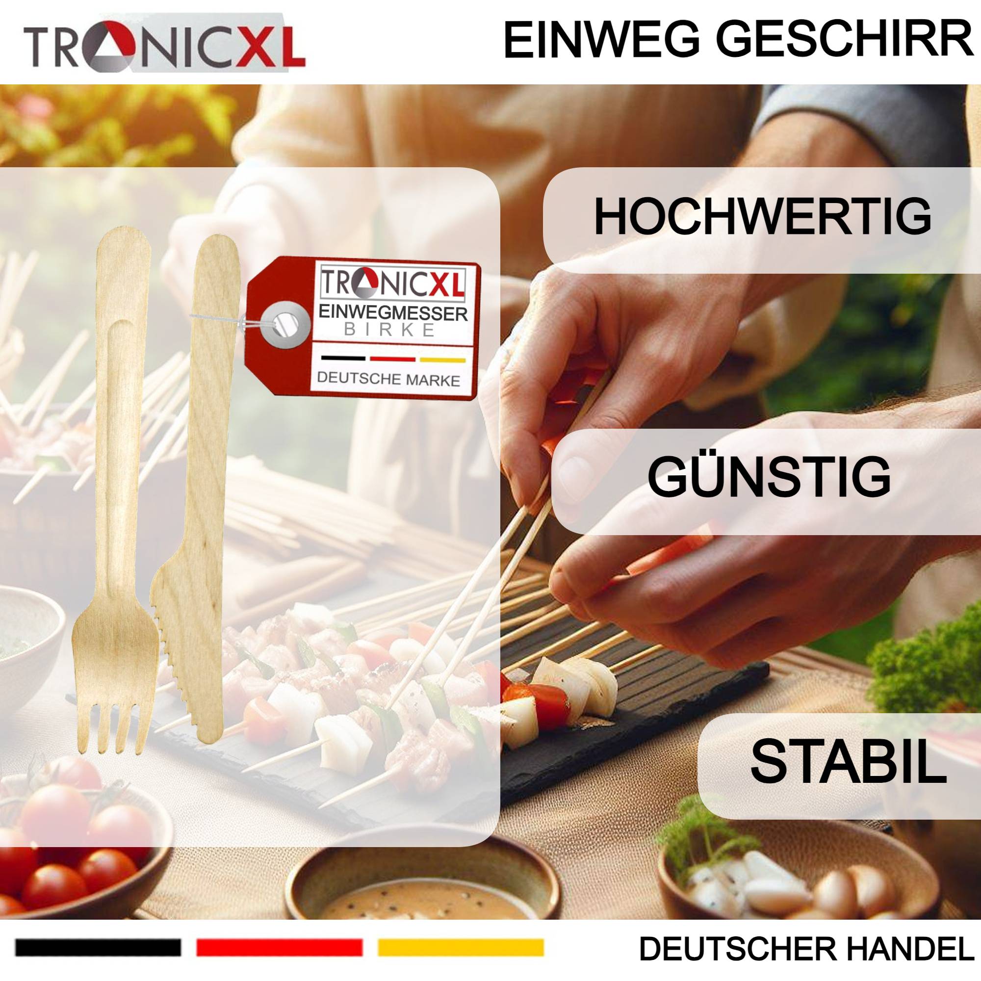 200 x Einweg Gabel + Messer Einwegbesteck Geschirr Besteck Holzmesser Camping Grillen BBQ Gastronomie Partybesteck