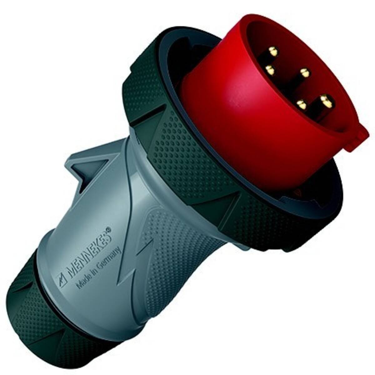 Industrieller Elektrostecker mit roter Kappe und Metallstiften, dargestellt auf weißem Hintergrund.