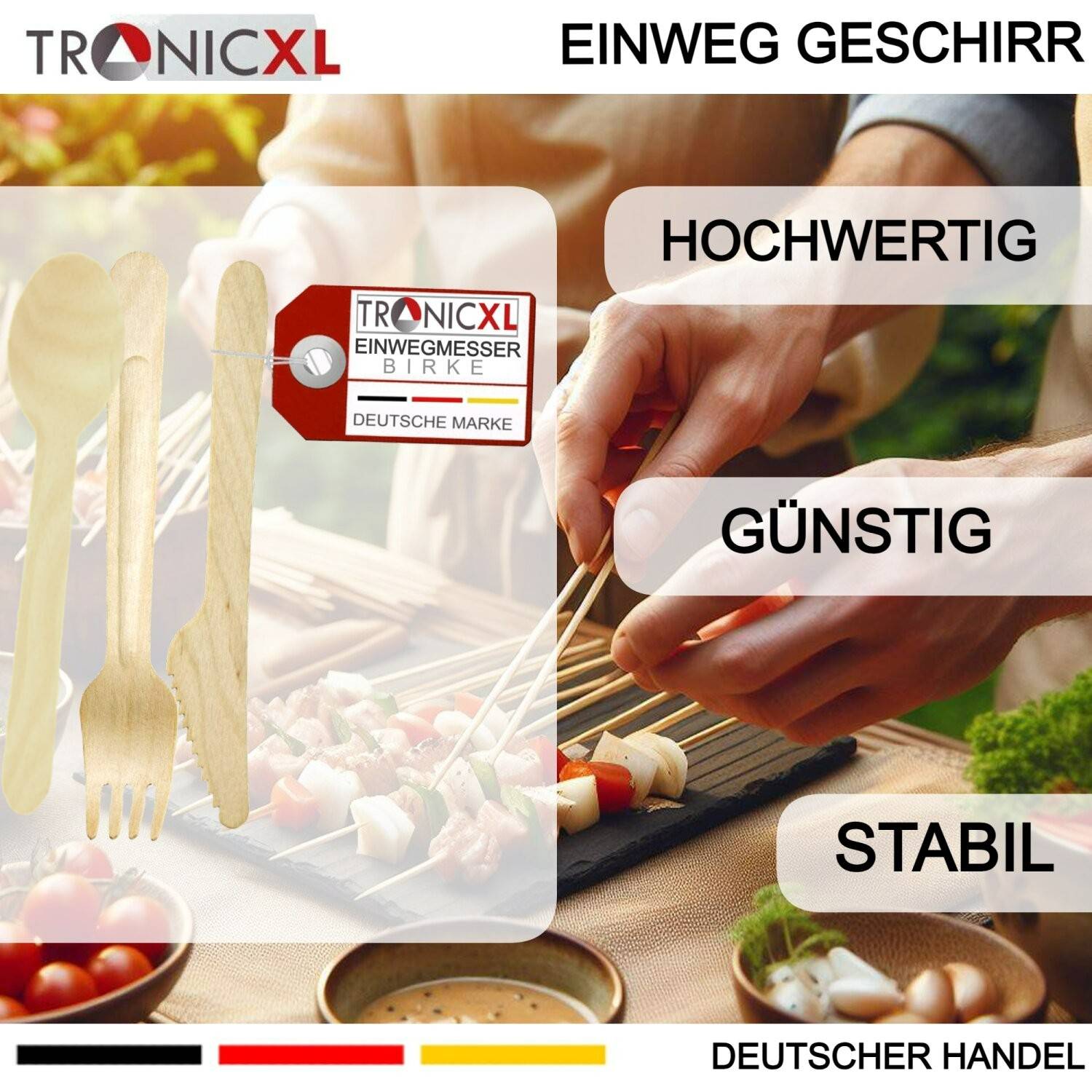 1000 x Holzgeschirr Set Löffel Gabel Messer Camping Besteck Holz Geschirr BBQ Grillen Einwegbesteck Einweg Holzbesteck